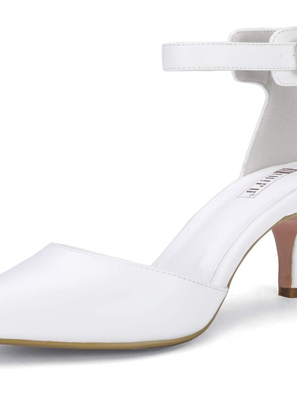 Women's White Pu Pumps Low Kitten Heels Pointed Closed Toe Shoes Strap